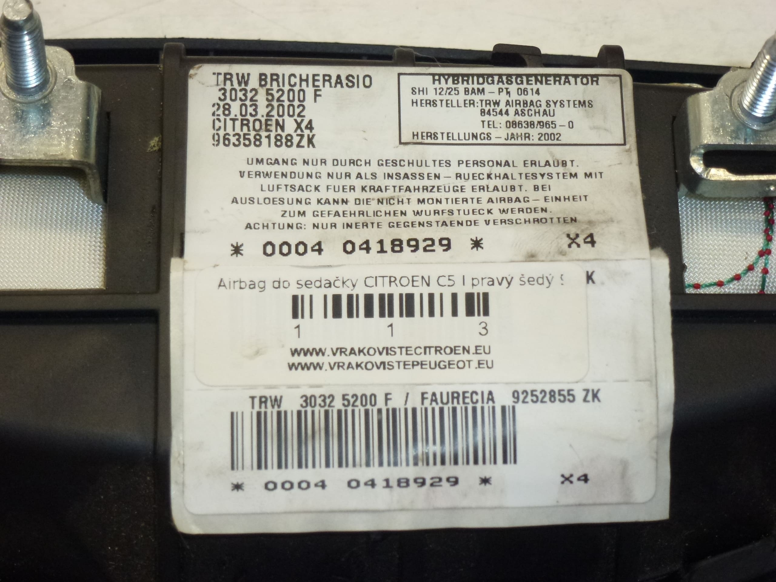 Airbag para Assento do Passageiro Citroën C5 96358188ZK 96391352ZK 8216K3 - Image 2